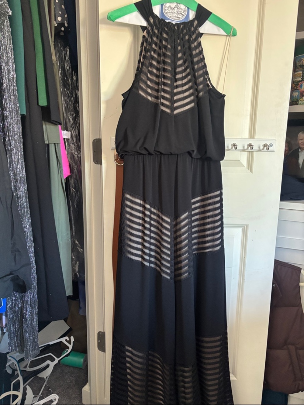 London Times Black Sheer-Striped Halter Maxi Dress